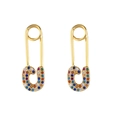 Golden safety pin earrings with multicolored cubic zirconia micro-pave inlays - Safety Pin / Gold/Colorful
