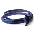 Macro detail of blue leather wrap bracelet with a black metal anchor-shaped buckle - Blue Leather - Black Anchor