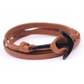 Detail view of multilayer brown leather wrap bracelet with black metal anchor hook clasp - Khaki Leather - Black Anchor