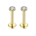 Golden stainless steel labret stud earrings with round cubic zirconia and flat back design - Round White Zirconia / Gold