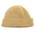 Detail of camel rib-knit beanie showing thick wool texture and wide folded brim - M(56-58cm) / Yellow