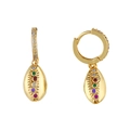 Golden shell earrings with colorful crystals and cubic zirconia paved hoops - Shell / Gold