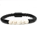 Close-up of black braided leather bracelet with five white turquoise stone beads and magnetic clasp - Synthetic White Jasper