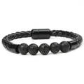 Men's minimalist black lava stone beaded bracelet with braided leather and magnetic clasp - Lava Stone
