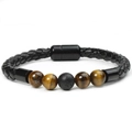 Detail of woven leather bracelet with tiger eye beads and matte lava stone magnetic clasp - Tiger Eye + Lava Stone
