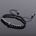 Adjustable black hematite beaded bracelet with micro-paved rhinestone ball and woven rope - Black Style 1