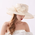Elegant cream organza sun hat for women featuring a large decorative 3D floral accent - Adjustable / Solid Beige