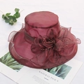 Elegant wine red organza sun hat with large floral decoration and gold beads - Adjustable / Solid Wine Red