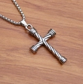 Vintage silver cross pendant necklace with box chain for men on wood background - Twist Cross + Steel Chain