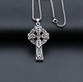 Silver Celtic cross pendant necklace for men with box chain and intricate knot relief - Celtic Cross + Steel Chain