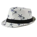 Straw jazz hat in beige with blue palm trees and a classic black ribbon band - Adult Size (56-58cm) / White