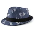 Dark blue straw fedora with white coconut tree prints and a black decorative band - Adult Size (56-58cm) / Blue