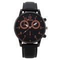 Men's black quartz watch with rose gold numerals and white stitched leather strap - Black Dial Gold Hands Black Strap