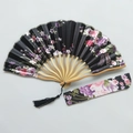 Japanese style black folding fan with pink cherry blossom pattern and matching sleeve - No.1 Black