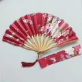 Japanese style red folding fan with cherry blossom patterns and matching silk sleeve - No. 14 Wine Red