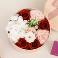 Pink round gift box with artificial red roses, carnations and hydrangeas flowers - 16.2x16.2x8.2cm / Red