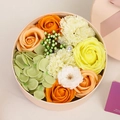 Pink round gift box with orange and yellow soap roses, ideal for Valentine's Day - 16.2x16.2x8.2cm / Orange