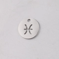 Detailed close-up of a 12mm stainless steel circular charm with a cutout Pisces zodiac symbol - Pisces