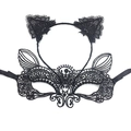 Detailed view of the black lace cat ear headband and matching masquerade eye mask set - Headband + Elf Mask