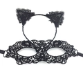 Close-up of black lace cat ear headband and matching eye mask set for masquerade parties - Headband + Round Flower Mask