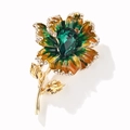 Exquisite floral brooch with green enamel petals and a central emerald water-drop gem - Green/Gold Base