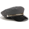 Vintage dark gray wool newsboy cap with black patent leather brim and gold chain detail - M(56-58cm) / Chain Decor / Grey (Cotton Blend)