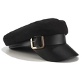 Side view of black baker boy hat featuring wool felt fabric and gold metal buckle detail - M(56-58cm) / Belt Buckle Style / Black (Woolen)