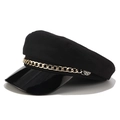 Detail of black newsboy hat with gold metal chain and shiny patent leather brim - M(56-58cm) / Chain Decor / Black (Cotton Blend)