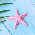 Close-up of pink resin starfish with textured surface on a blue wooden background - Pink Purple Starfish
