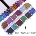 Laser 12-color nail glitter powder set with holographic effect in a 12-slot clear case - 12 Compartment Holographic Laser Powder (L)