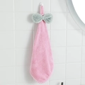 Pink coral fleece hand towel with a grey bow tie and convenient hanging loop for kitchen - Dusky Pink
