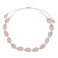Detail of handmade bohemian shell necklace with white woven cord and adjustable closure - Pure White - Shell Necklace