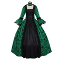 Victorian green and black ball gown with floral texture and lace bell sleeves - S / Green / Green