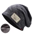Detail of heather grey beanie with warm fleece lining and vintage patch decoration - M(56-58cm) / Fleece Lined Style / Fleece Navy Blue
