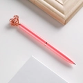 Pink metal ballpoint pen with rose gold hollow heart top and slim nib design - 1.0mm Bullet Tip Black Ink / Pink