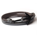 Grey double-wrap genuine leather bracelet with a black anchor buckle on white background - Grey Leather - Black Anchor