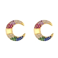 Detailed macro view of gold-tone crescent moon stud earrings with colorful cubic zirconia - Crescent Moon / Gold/Colorful