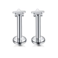 Detailed view of stainless steel labret studs with polished star-shaped tops and flat base - Five-star / Steel