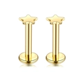 Detail of two gold star labret piercings with flat backs made of polished stainless steel - Five-star / Gold