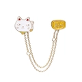 Japanische Cartoon-Anstecknadel mit weißer Katze, Goldketten und gelbem ovalem Anhänger - Glückskatze Mit Münze Stil (C1070-1)