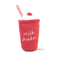 Plush red milkshake cup squeaky dog toy with straw and embroidery on white background - Milkshake Cup
