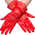 Elegant red floral lace gloves featuring ruffled cuffs for sun protection and driving - One Size / Red
