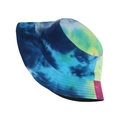 Detail of colorful tie-dye bucket hat with parallel stitching on the canvas brim - Blue