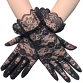 Close-up of black floral lace gloves with sheer mesh texture and scalloped wrist cuffs - One Size / Black