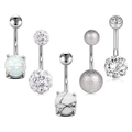 Detailed set of 5 stainless steel belly rings featuring opal, zircon, and frosted beads - Steel Style