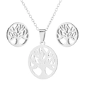 Minimalist silver tree of life jewelry set with circular pendant necklace and stud earrings - Silver