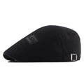 Classic black cotton flat cap beret with embroidered patch and adjustable metal buckle - Adjustable / Black