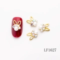 Rabbit nail art charm with gold hollow frame, white pearls and iridescent rhinestones - Gold Rabbit Ear AB Zircon Pearl Style (LF1627)