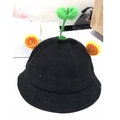 Kids black corduroy sun hat featuring cute green sprout and colorful spiral details - Kids 52-53cm / Black (Sprout)