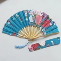 Blue Japanese folding fan with pink peony floral patterns, matching sleeve and blue tassel - No. 4 Lake Blue